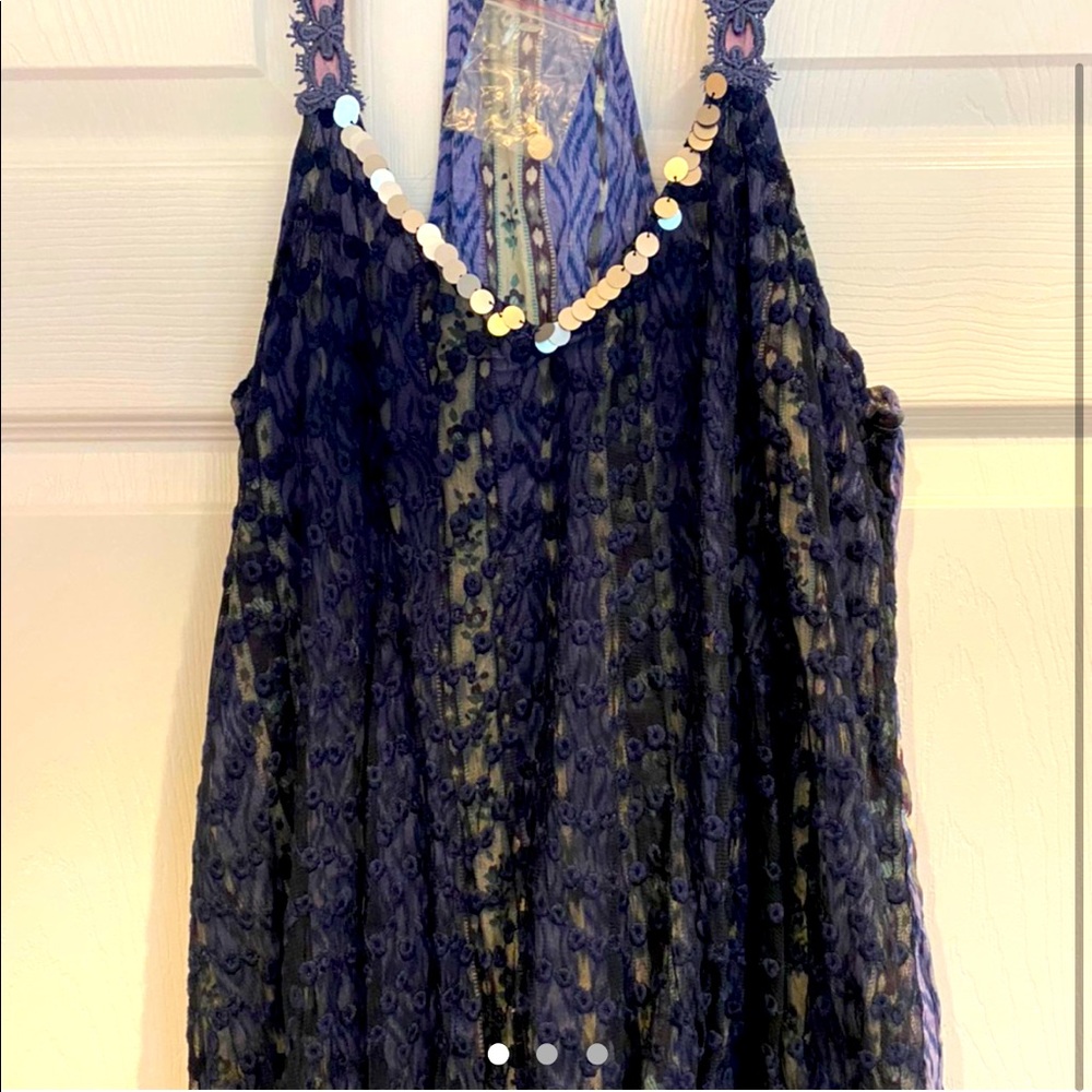 Free People Sequin & Eyelet Bubble Tank Top Navy Boho Festival NWT Medium